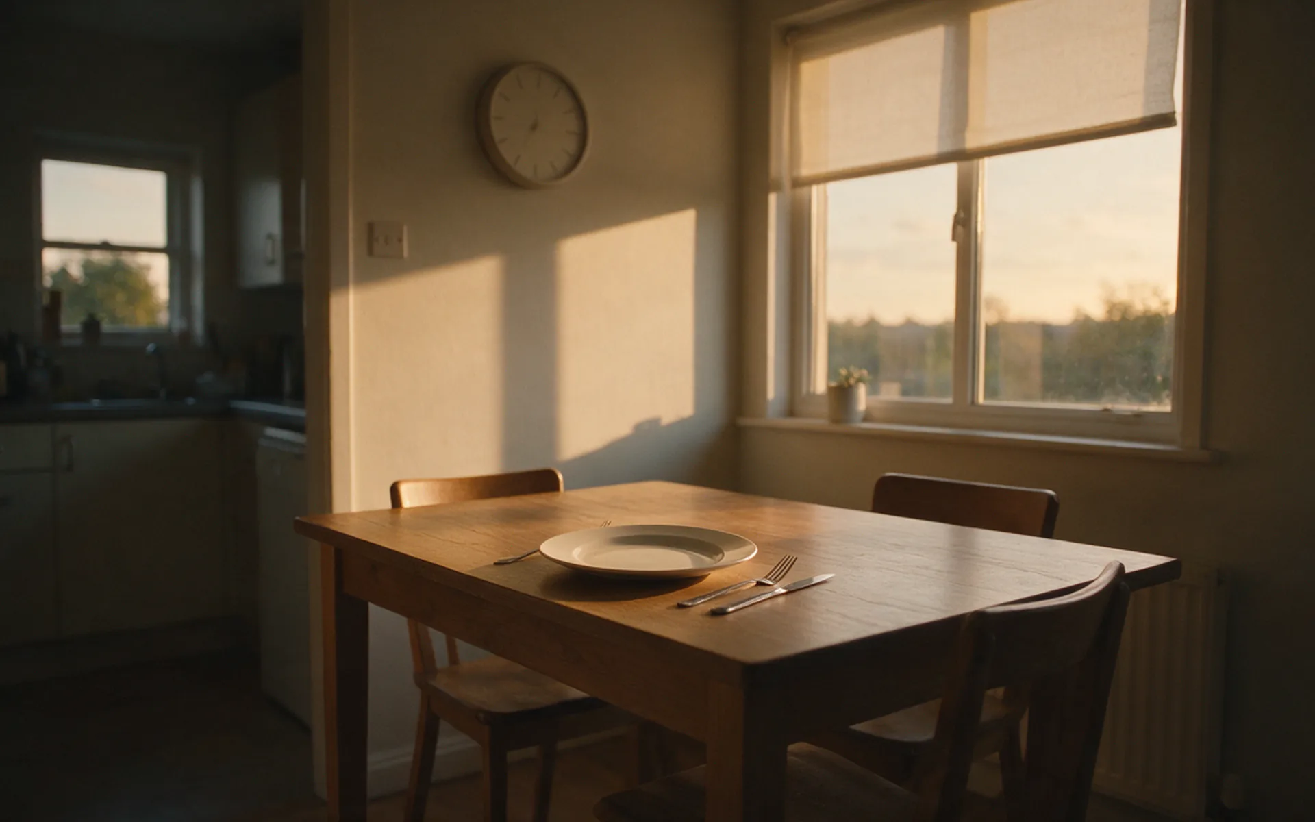 Relógio de parede e um prato vazio sobre a mesa de uma cozinha ao entardecer, cena que representa a janela de alimentação do jejum intermitente durante o tratamento