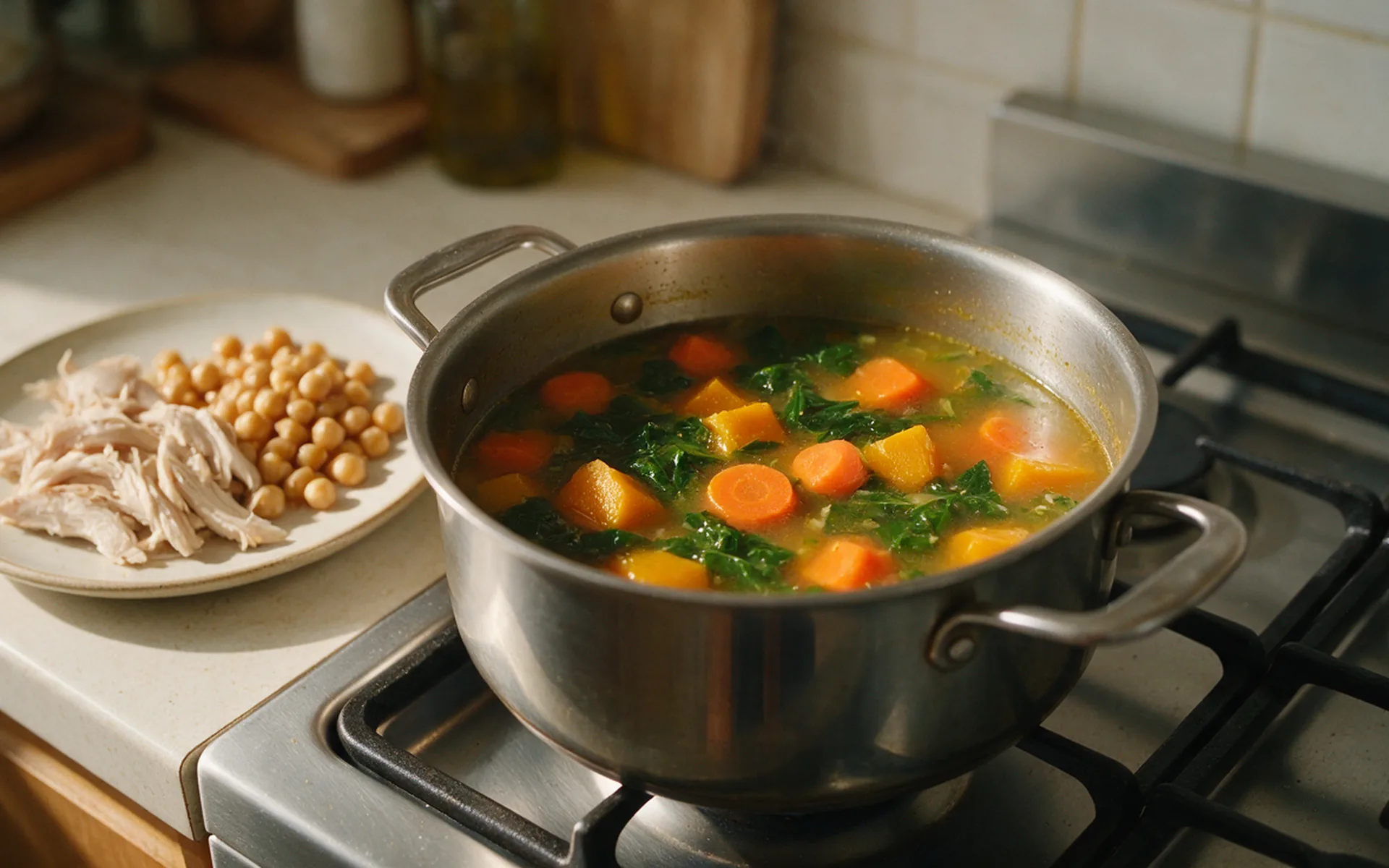 Panela de sopa de legumes sobre o fogão ao lado de um prato com frango desfiado e grão-de-bico, cena que representa a diferença entre dietas líquidas restritivas e uma refeição completa