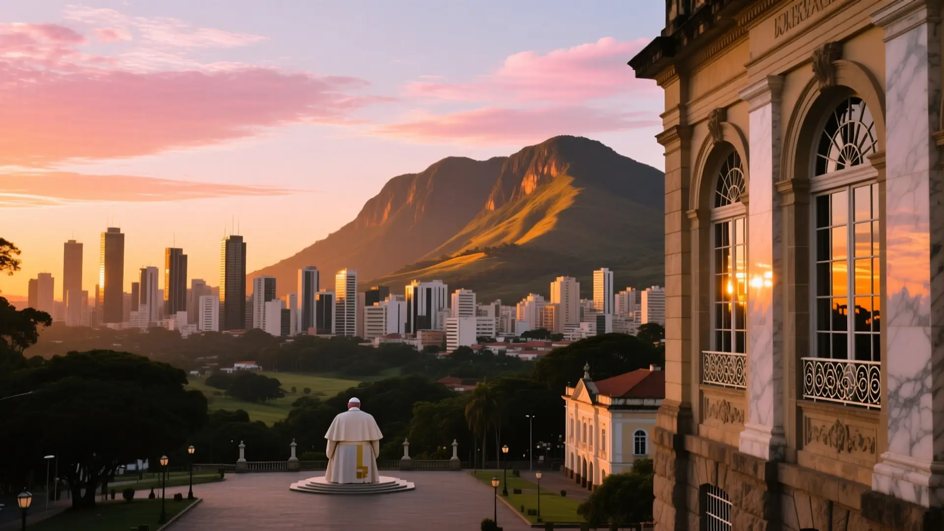 Ilustração da vista da Praça do Papa com a Serra do Curral ao fundo em Belo Horizonte, MG, na página sobre médico para emagrecer em Belo Horizonte.