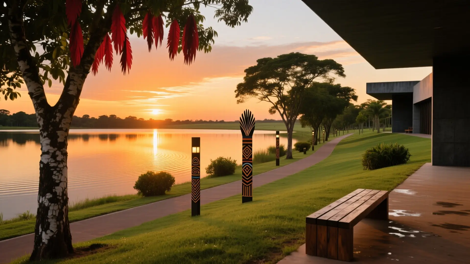Ilustração do Parque das Nações Indígenas com o lago em Campo Grande, MS, na página sobre médico para emagrecer em Campo Grande.