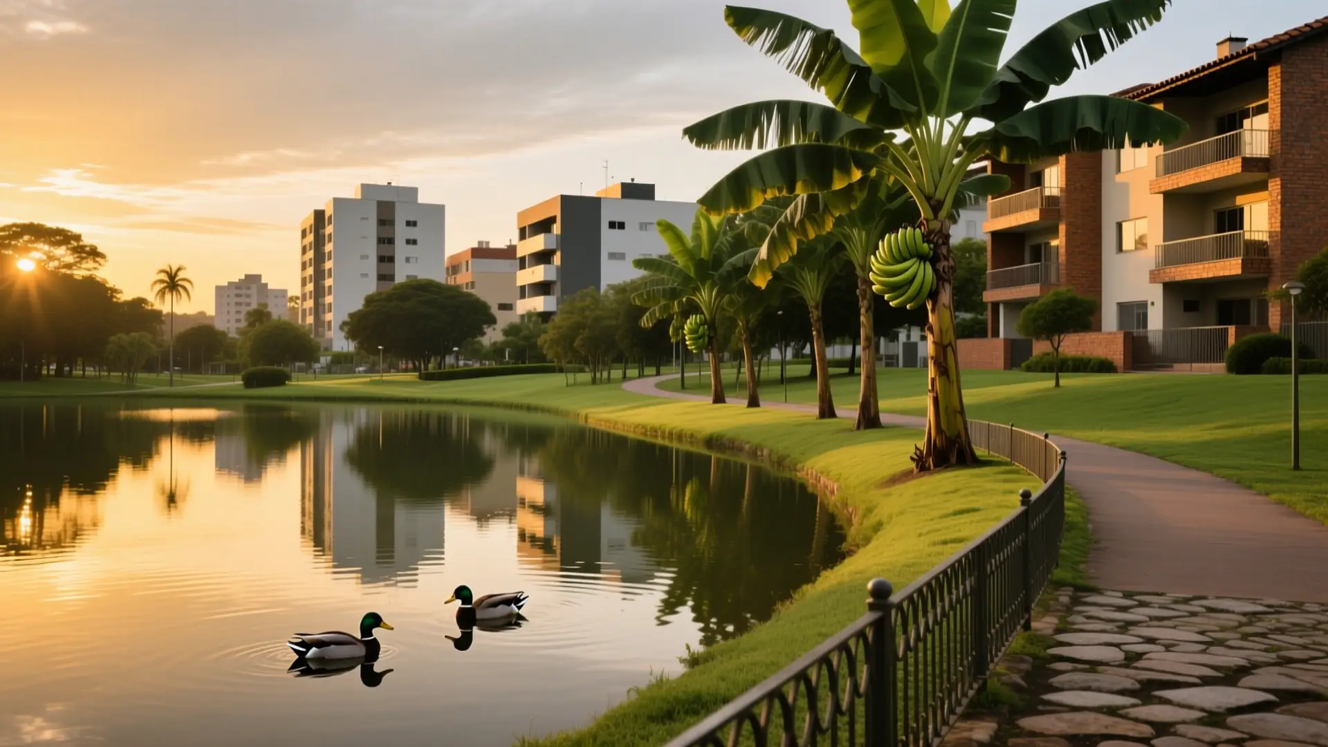 Ilustração de um parque urbano com lago e plátanos em Canoas, RS, na página sobre médico para emagrecer em Canoas.