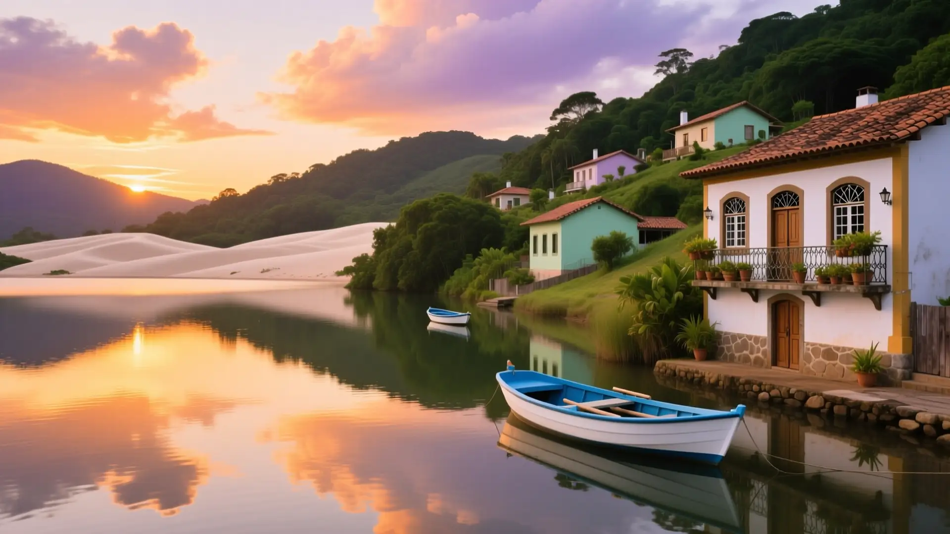 Ilustração da Lagoa da Conceição com os morros e as dunas em Florianópolis, SC, na página sobre médico para emagrecer em Florianópolis.