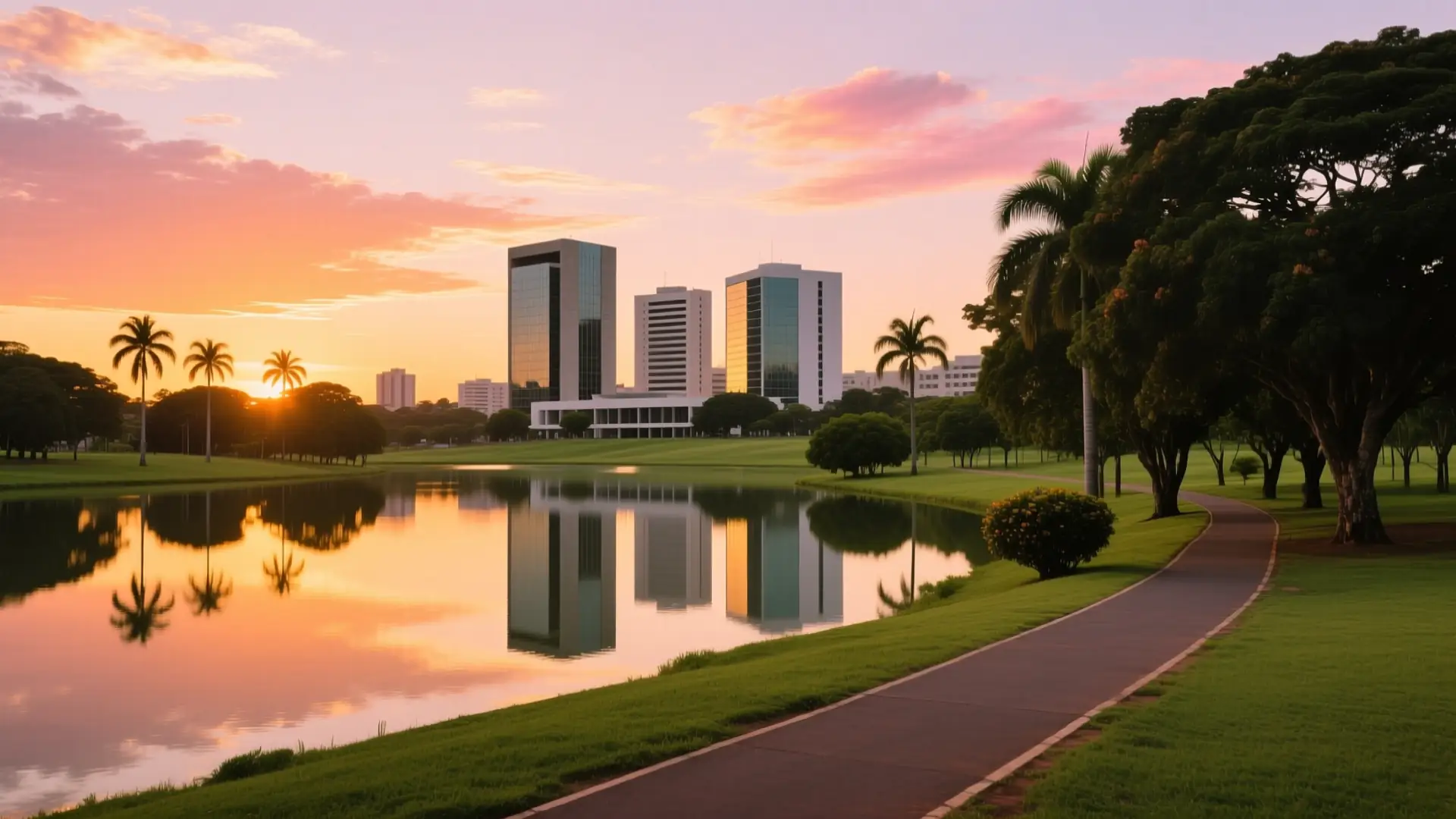 Ilustração do Parque Flamboyant com o lago e os prédios ao fundo em Goiânia, GO, na página sobre médico para emagrecer em Goiânia.