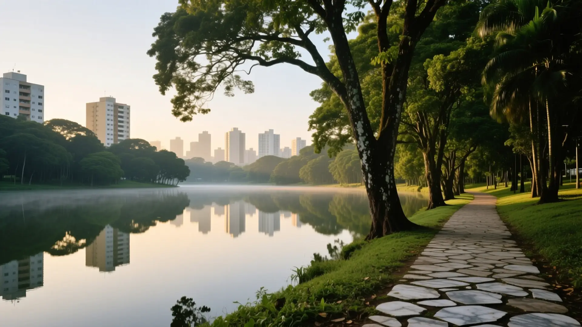 Ilustração do Bosque Maia com o lago e as árvores em Guarulhos, SP, na página sobre médico para emagrecer em Guarulhos.