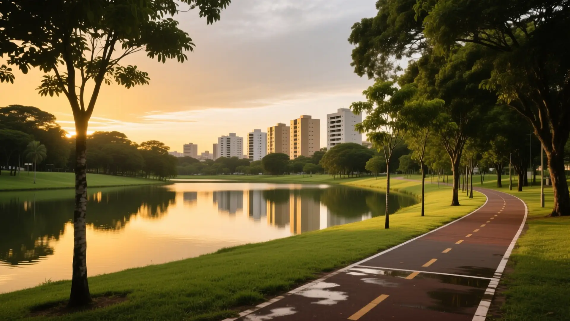 Ilustração de um parque urbano com lago e pista em Hortolândia, SP, na página sobre médico para emagrecer em Hortolândia.