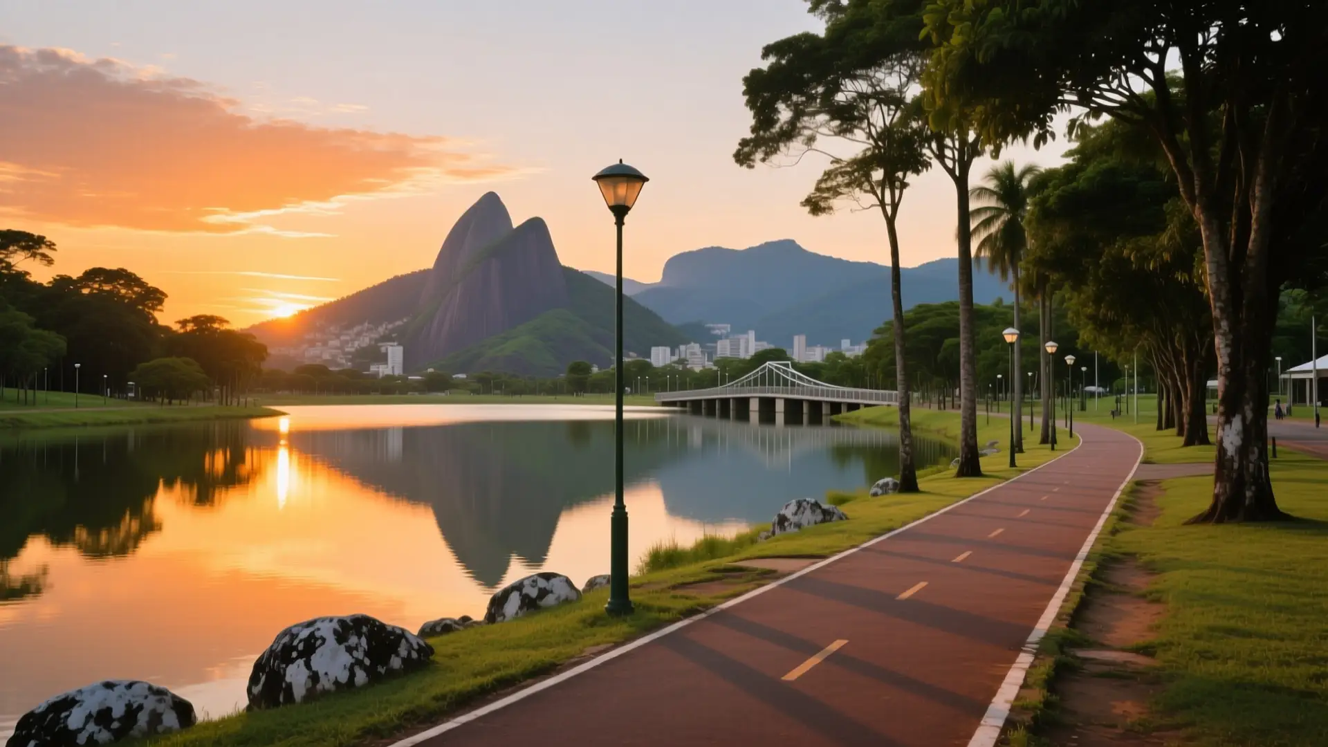 Ilustração do Parque Ipanema com o lago e os morros em Ipatinga, MG, na página sobre médico para emagrecer em Ipatinga.