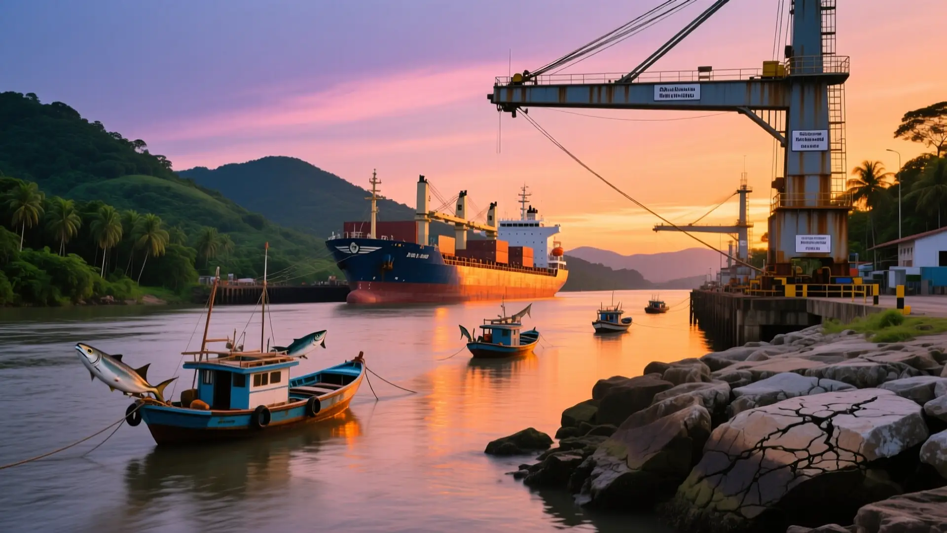 Ilustração da foz do rio Itajaí-Açu com os barcos em Itajaí, SC, na página sobre médico para emagrecer em Itajaí.