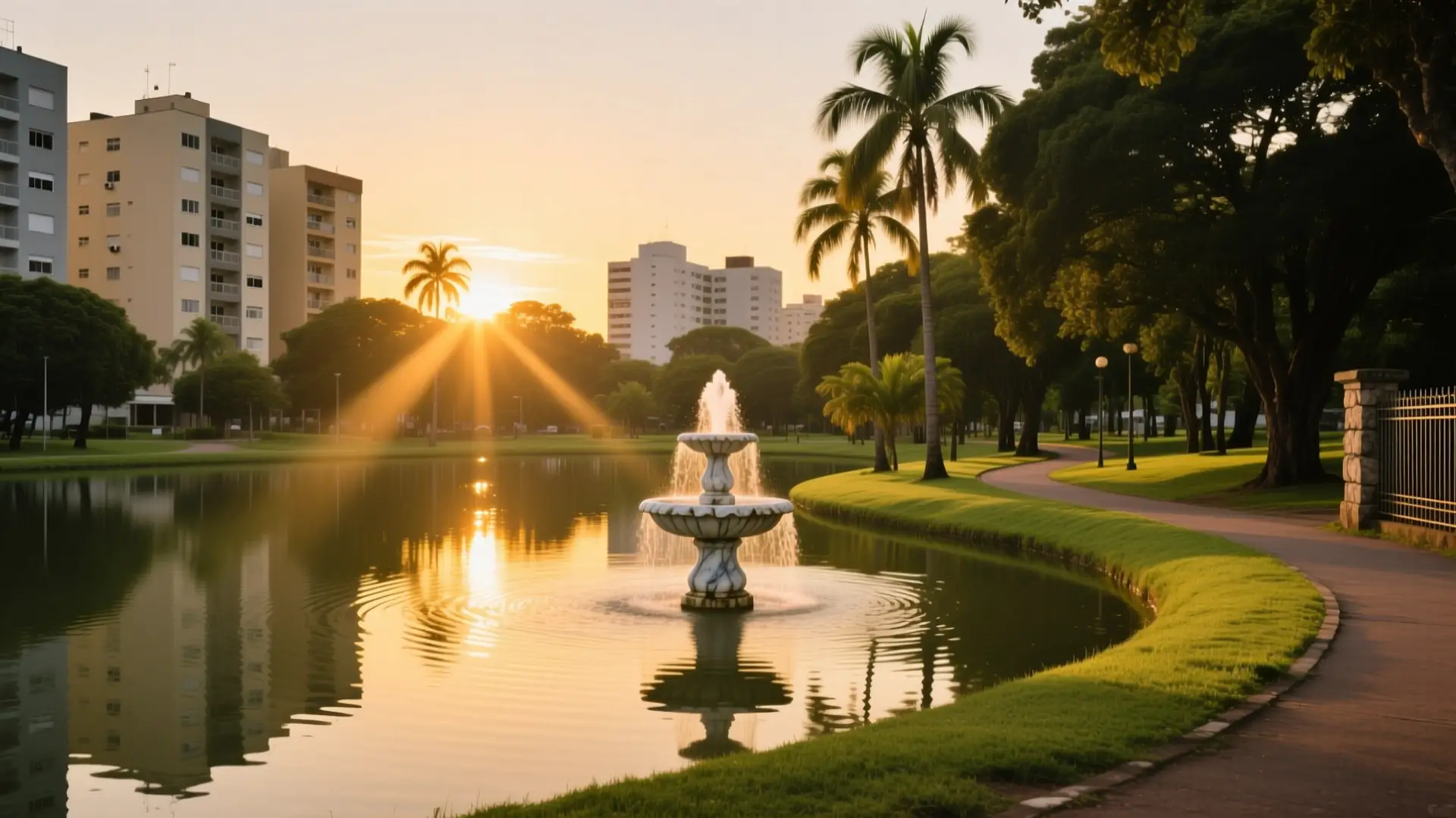 Ilustração de um parque urbano com lago e fonte em Limeira, SP, na página sobre médico para emagrecer em Limeira.