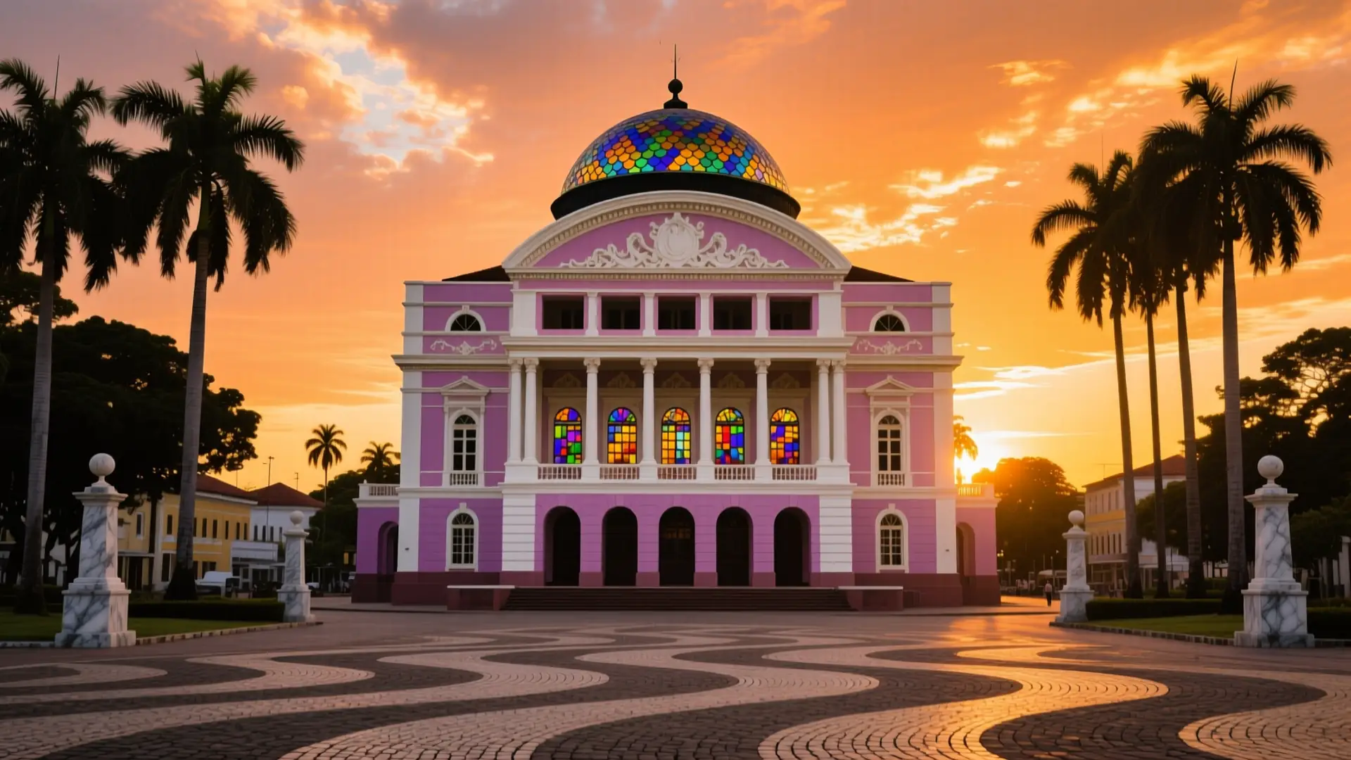 Ilustração do Teatro Amazonas com a praça em pedra portuguesa em Manaus, AM, na página sobre médico para emagrecer em Manaus.