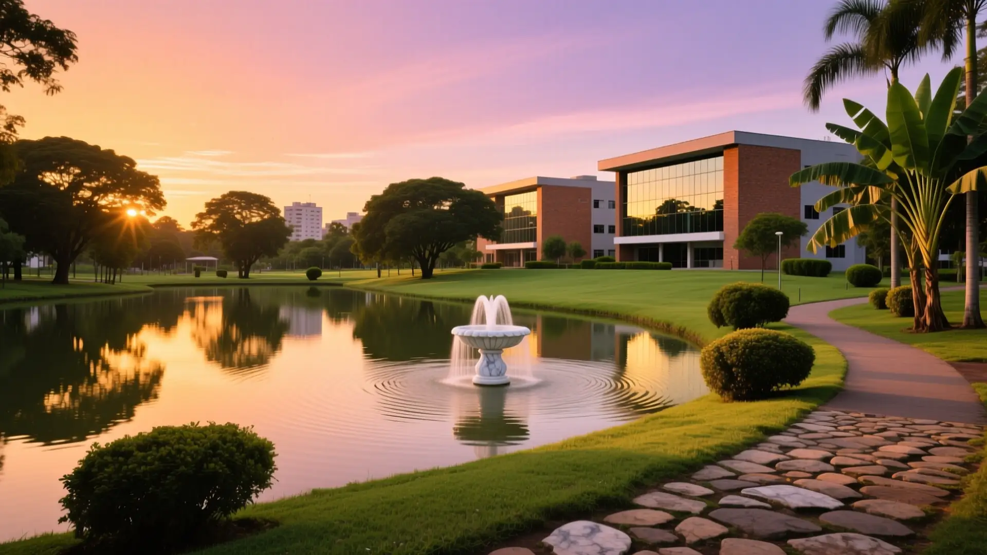Ilustração de um parque urbano com lago e pista de caminhada em Paulínia, SP, na página sobre médico para emagrecer em Paulínia.