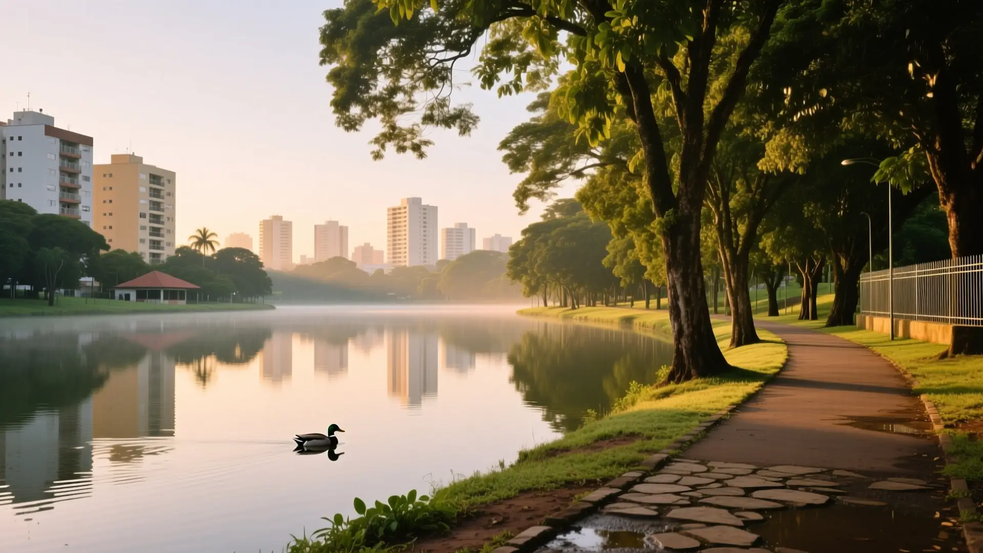 Ilustração do Espaço Verde Chico Mendes com o lago em São Caetano do Sul, SP, na página sobre médico para emagrecer em São Caetano do Sul.