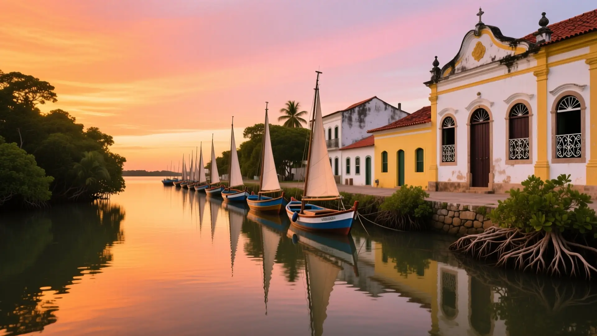 Ilustração da baía com os barcos de pesca e o casario em São Francisco do Conde, BA, na página sobre médico para emagrecer em São Francisco do Conde.