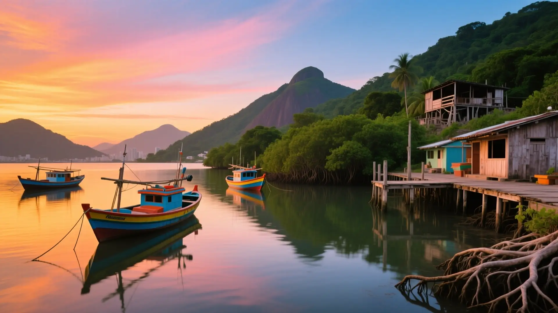Ilustração da orla da Baía de Guanabara com os barcos de pesca em São Gonçalo, RJ, na página sobre médico para emagrecer em São Gonçalo.