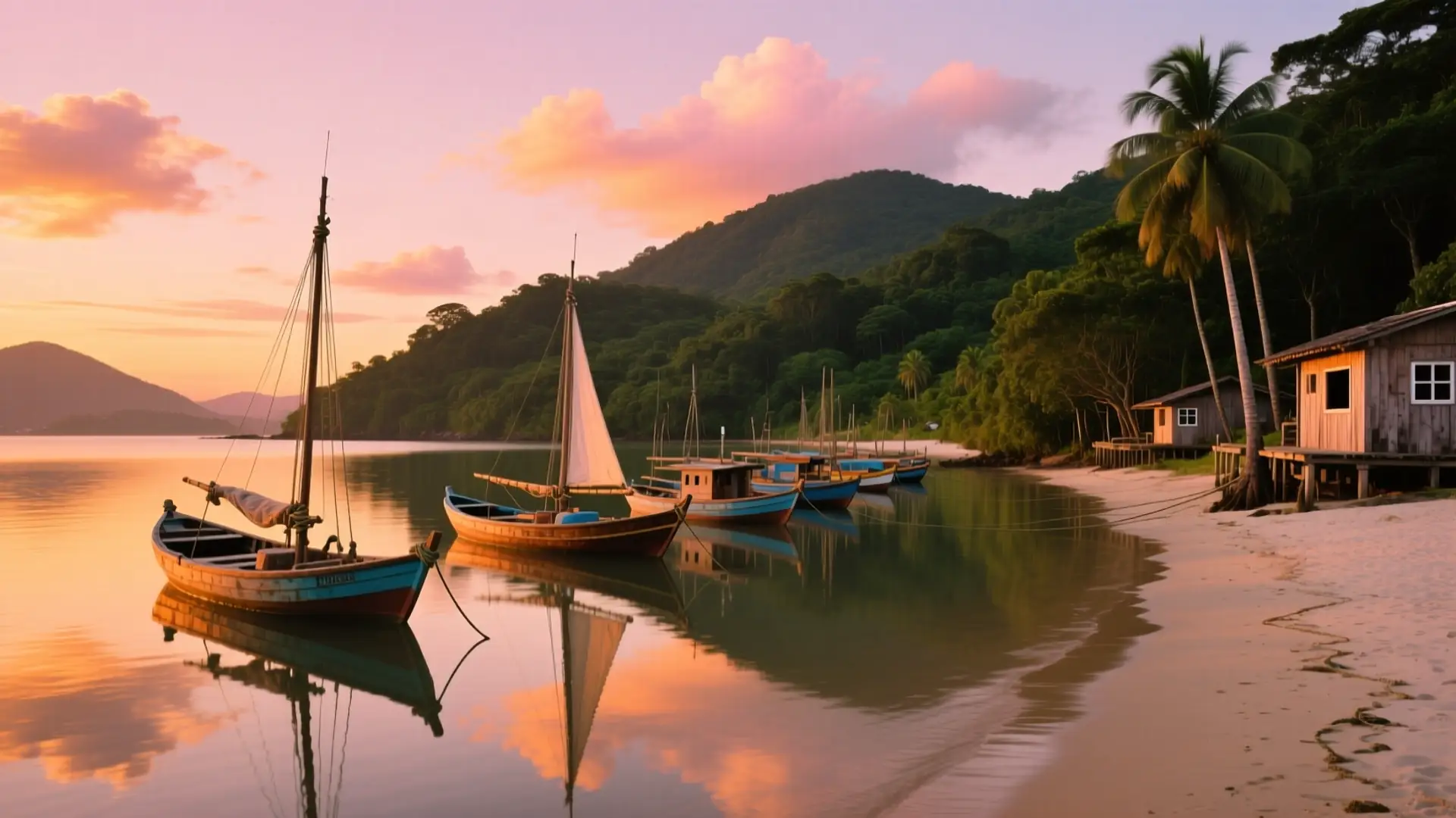 Ilustração da enseada com os barcos e a serra em São Sebastião, SP, na página sobre médico para emagrecer em São Sebastião.