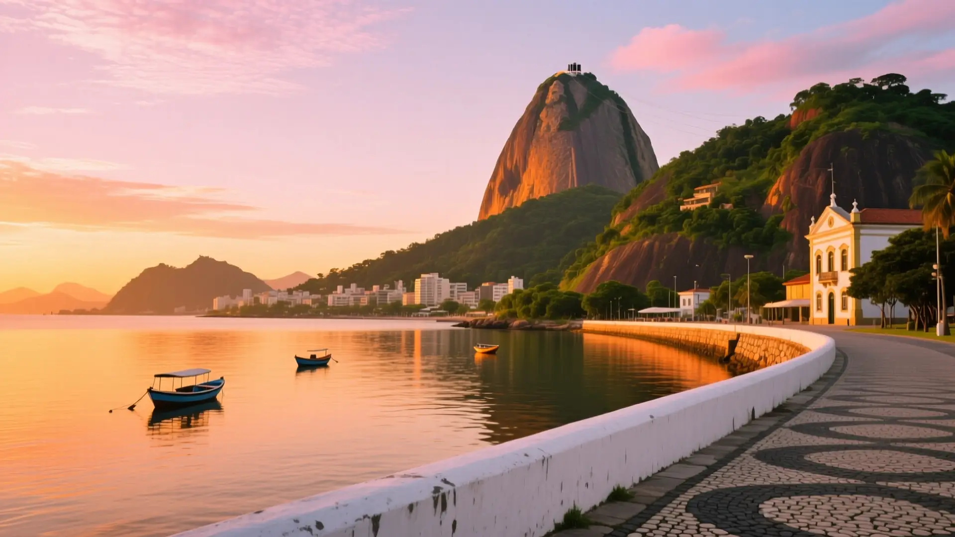 Ilustração da enseada de Botafogo no Rio de Janeiro, RJ, com o Pão de Açúcar ao fundo no fim de tarde, na página sobre médico para emagrecer no Rio de Janeiro.