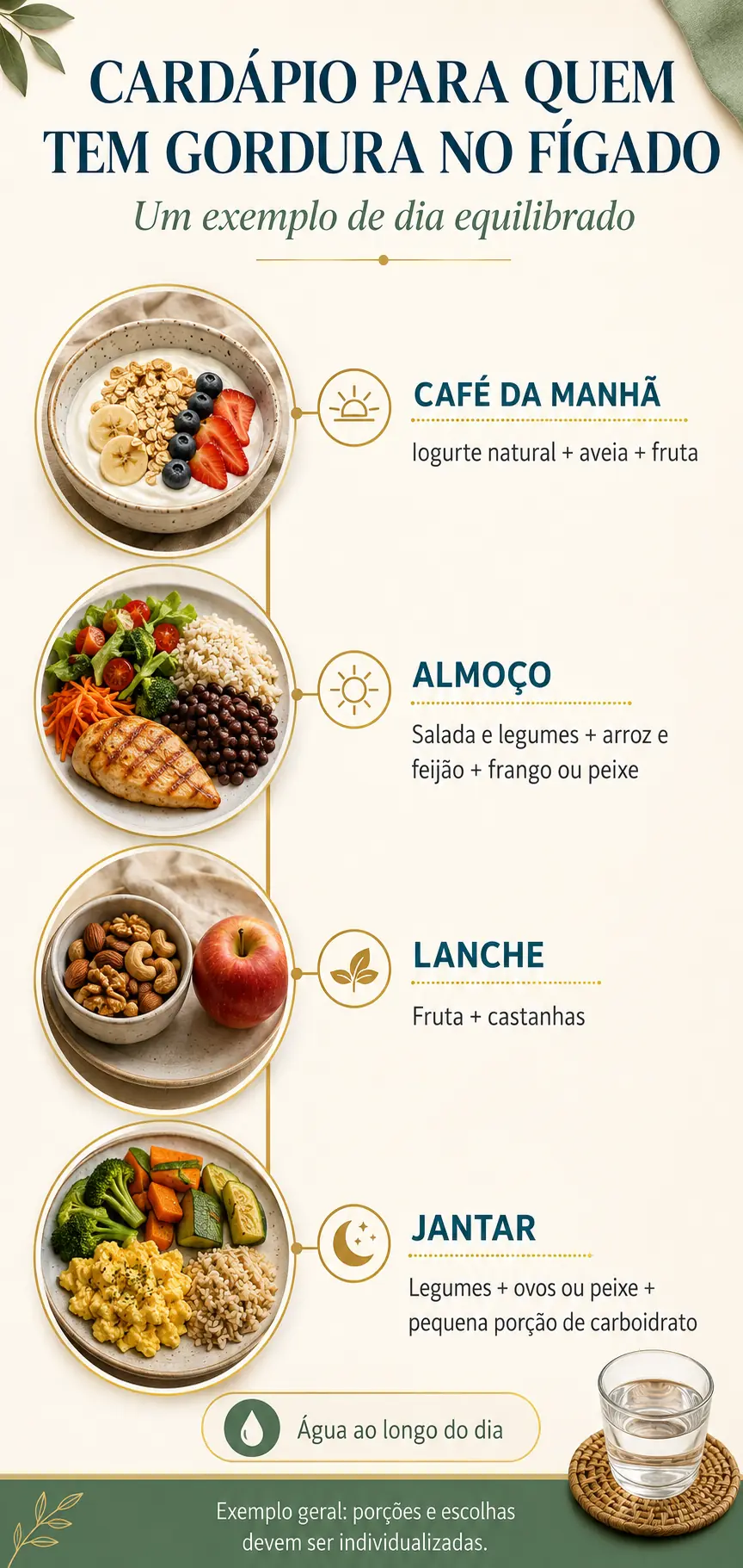 Infográfico com um cardápio para quem tem gordura no fígado, mostrando exemplos de café da manhã, almoço, lanche e jantar ao longo de um dia equilibrado.