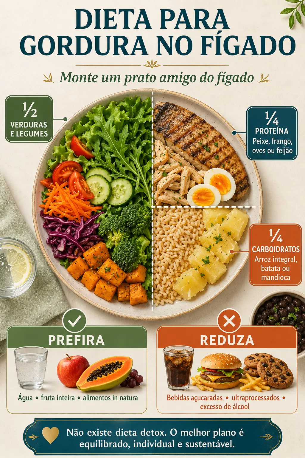 Infográfico com a dieta para gordura no fígado em forma de prato dividido, metade de verduras e legumes, um quarto de proteína e um quarto de carboidrato, com o que preferir e o que reduzir.