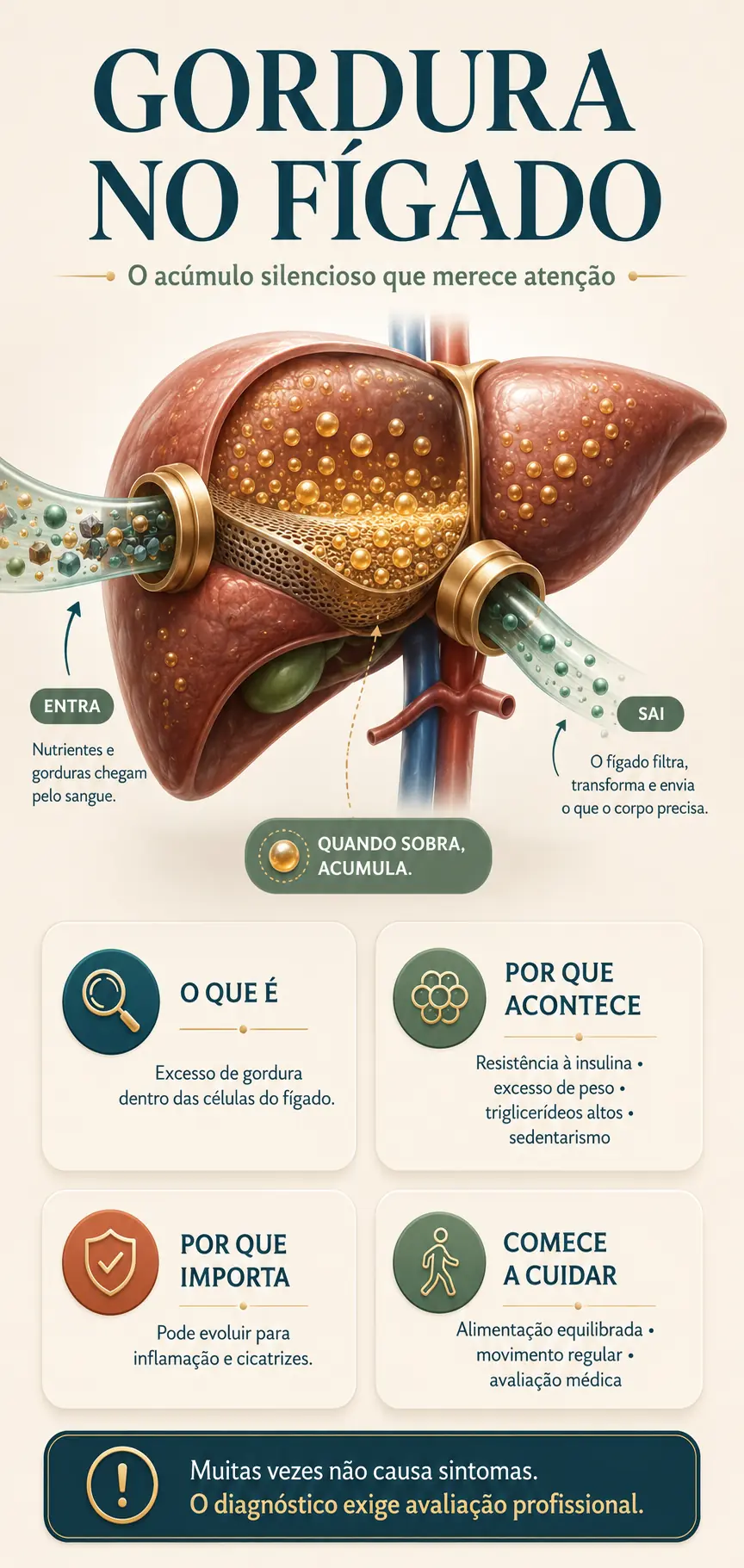 Infográfico sobre gordura no fígado: ilustração do órgão com gotículas de gordura, o que entra pelo sangue e o que sai filtrado, e quatro blocos com o que é, por que acontece, por que importa e como começar a cuidar.