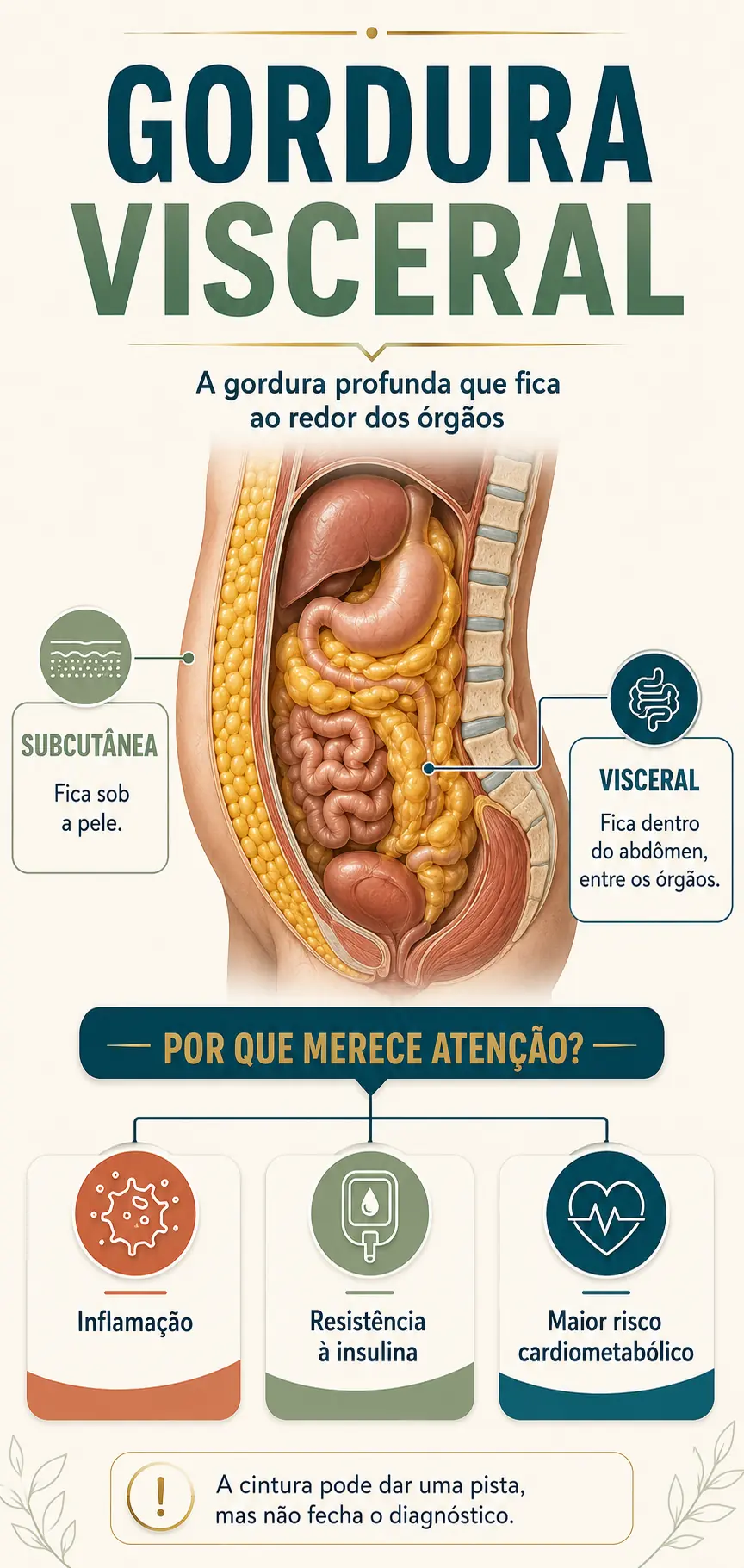 Infográfico sobre gordura visceral com corte lateral do abdome, comparando a gordura subcutânea que fica sob a pele com a visceral que fica entre os órgãos, e ligando o excesso a inflamação, resistência à insulina e risco cardiometabólico.