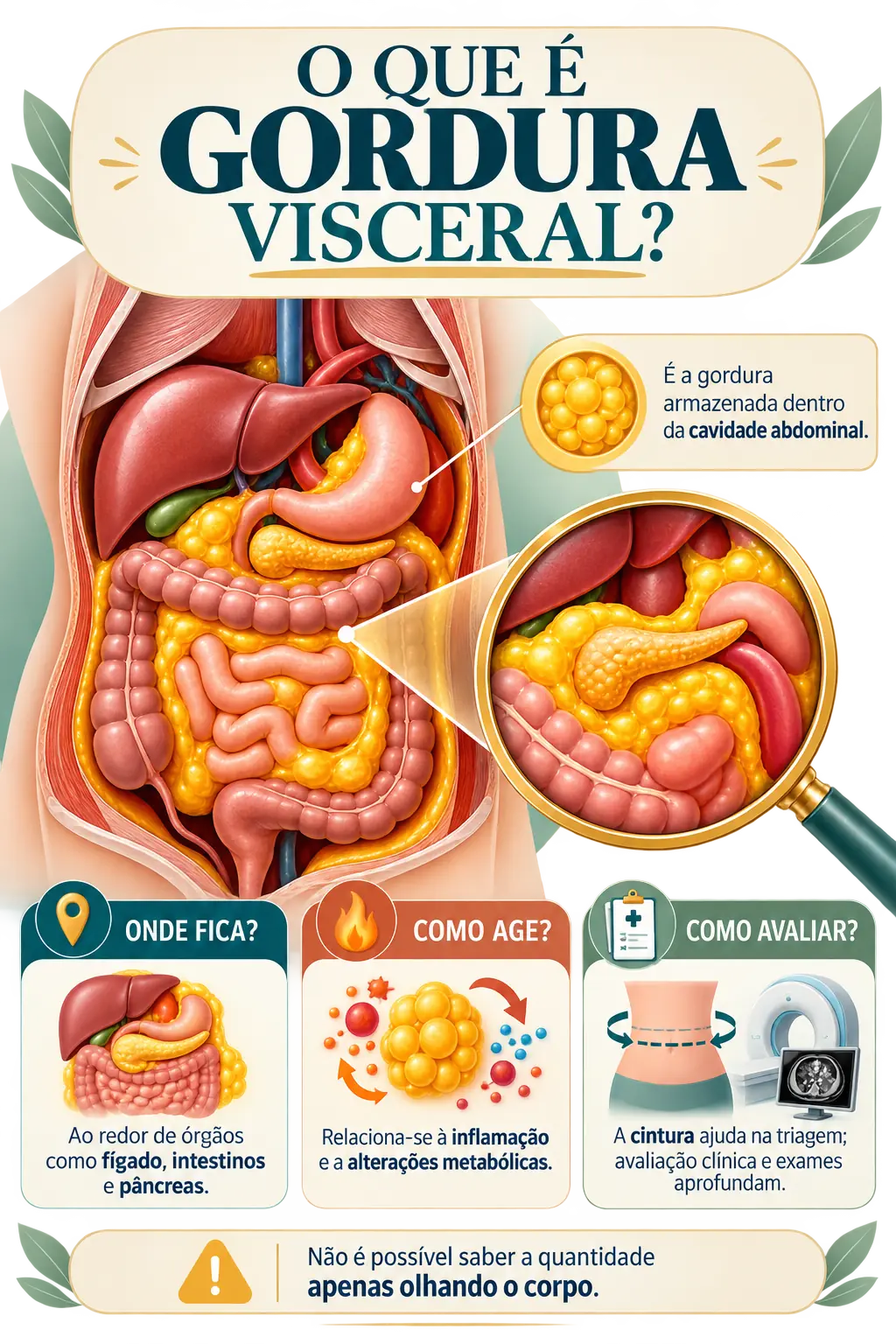 O que é gordura visceral: onde fica, como age e como avaliar Infográfico explicando o que é gordura visceral, com uma lupa ampliando a gordura acumulada entre o pâncreas e os intestinos e três blocos sobre onde ela fica, como age e como avaliar.