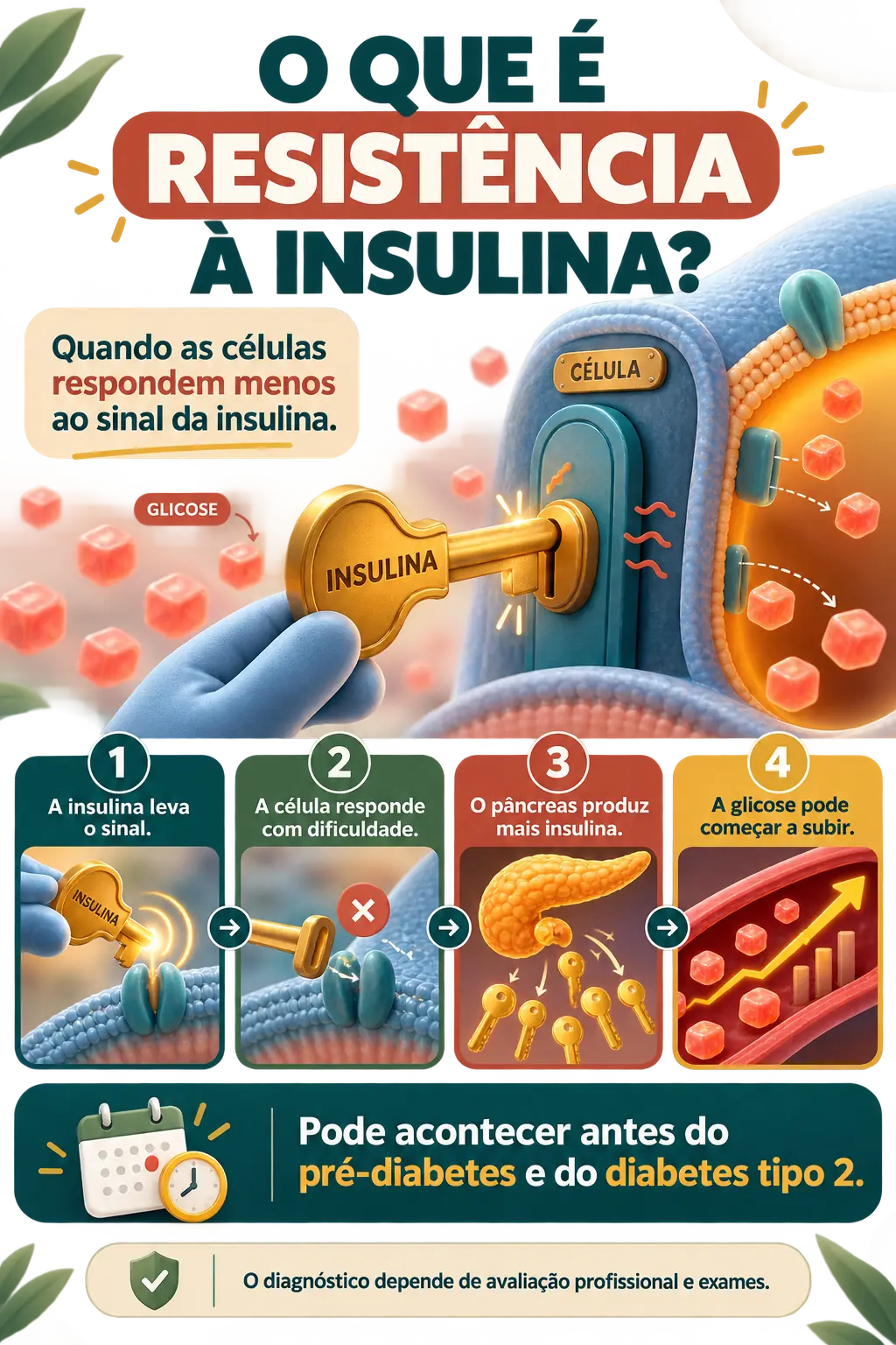 Infográfico explicando o que é resistência à insulina com a metáfora da chave de insulina que não abre mais a fechadura da célula, e a sequência até o pâncreas produzir mais e a glicose começar a subir.