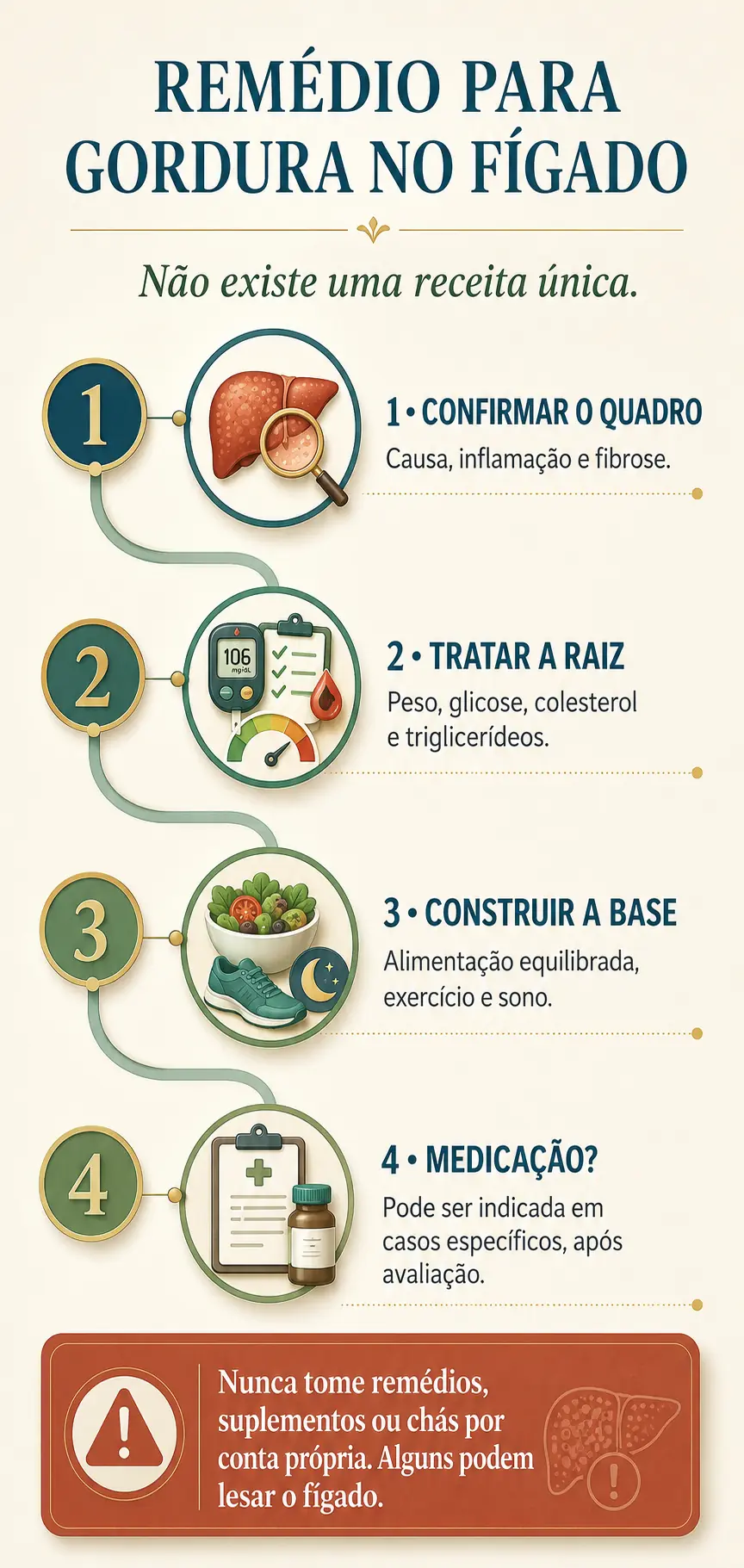 Remédio para gordura no fígado: a ordem que o tratamento segue Infográfico sobre remédio para gordura no fígado em quatro passos numerados, confirmar o quadro, tratar a raiz, construir a base e só então avaliar medicação, com aviso contra remédio, suplemento ou chá por conta própria.