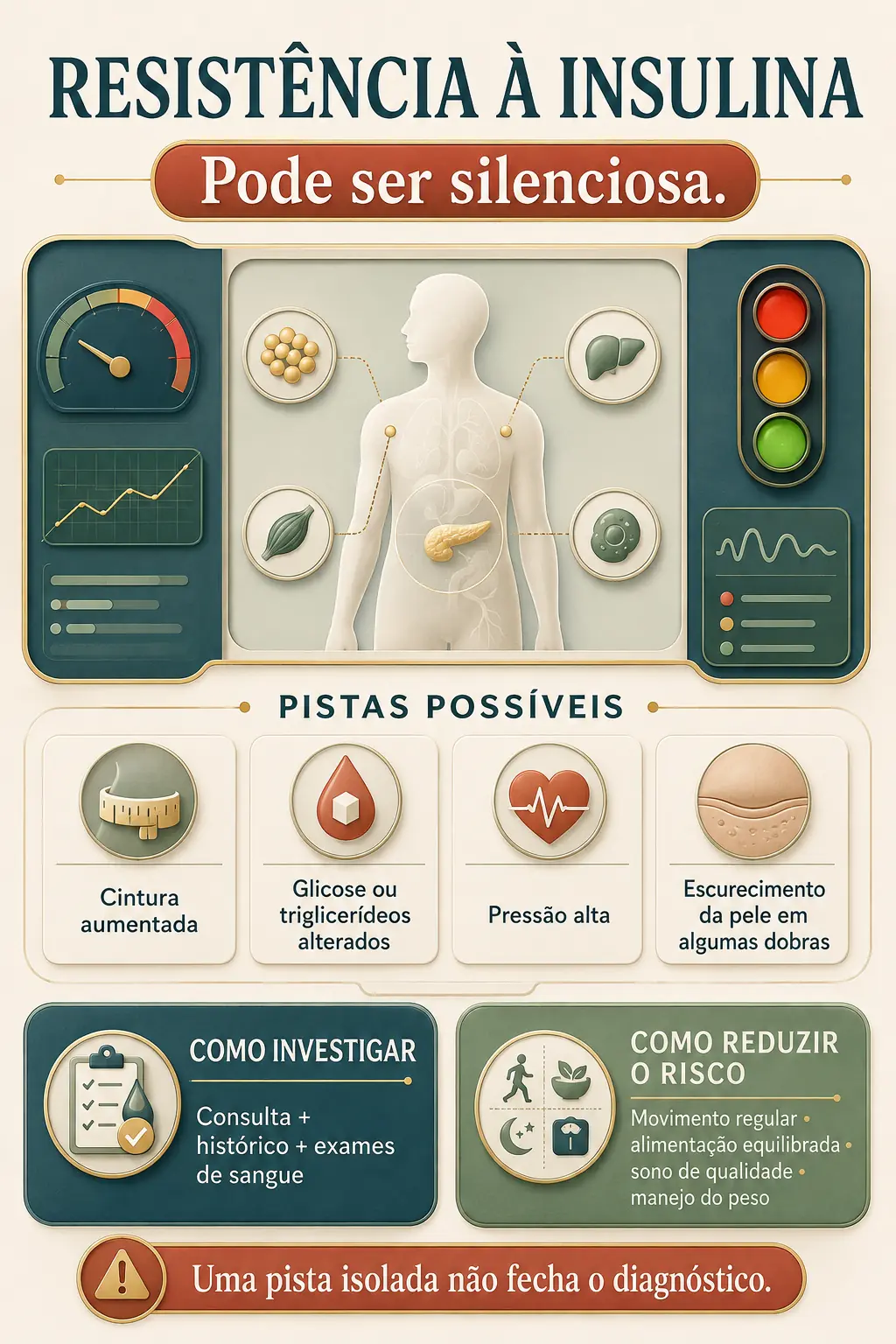 Infográfico sobre resistência à insulina apresentada como condição silenciosa, com as pistas possíveis, cintura aumentada, glicose ou triglicerídeos alterados, pressão alta e escurecimento da pele em dobras, e o que investigar.