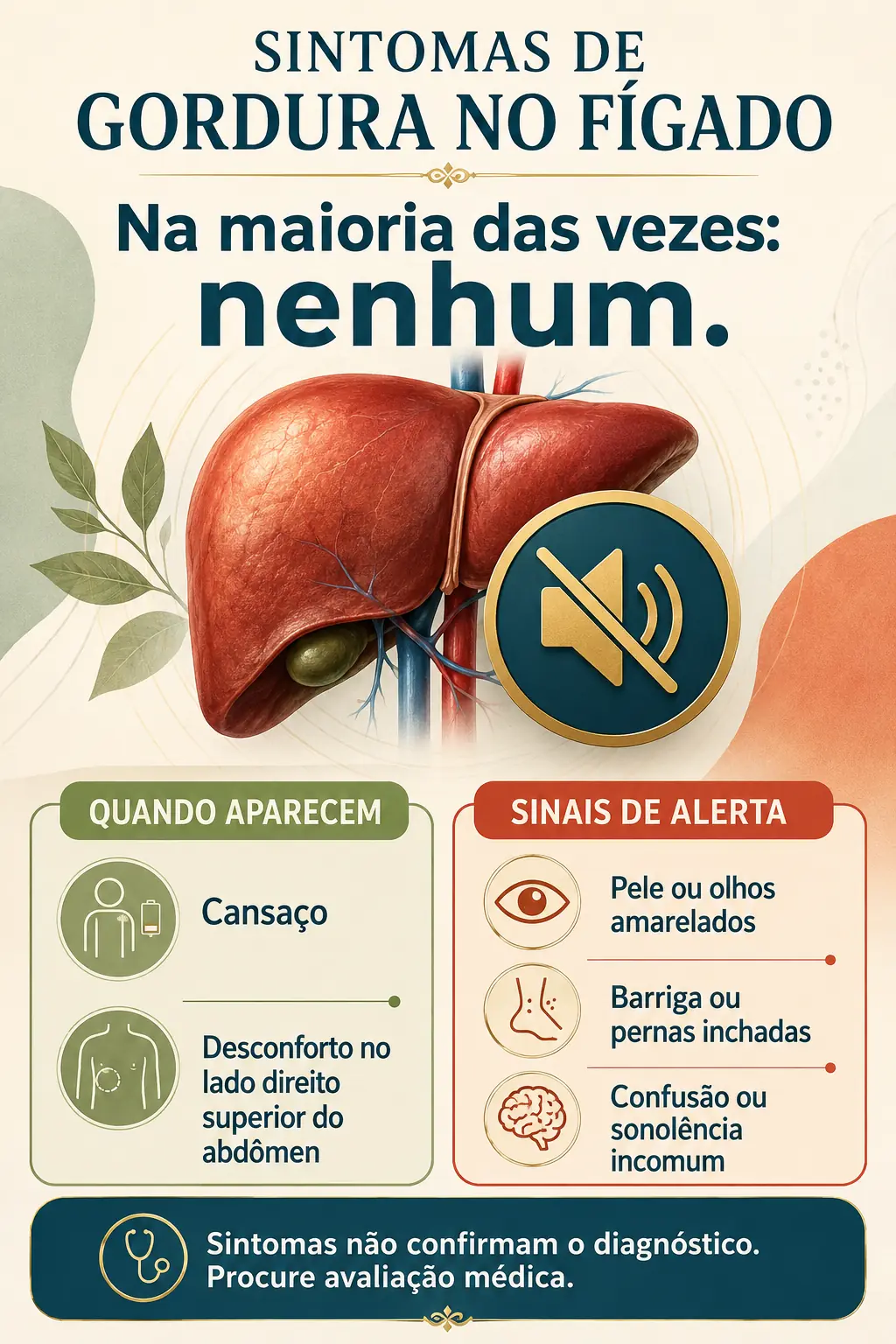 Infográfico com os sintomas de gordura no fígado, encabeçado por na maioria das vezes nenhum, separando o que aparece cedo, cansaço e desconforto no lado direito do abdômen, dos sinais de alerta tardios como pele amarelada e inchaço.